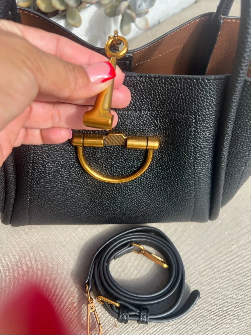 Black Pebbled Leather Tote with Gold Hardware